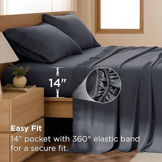 Bedsure King Size Sheets Set - 4 Pieces Soft King Sheets - Breathable & Cooling - Hotel Luxury - Easy Care Polyester Microfiber Bedding for Women, Men, Dark Grey
