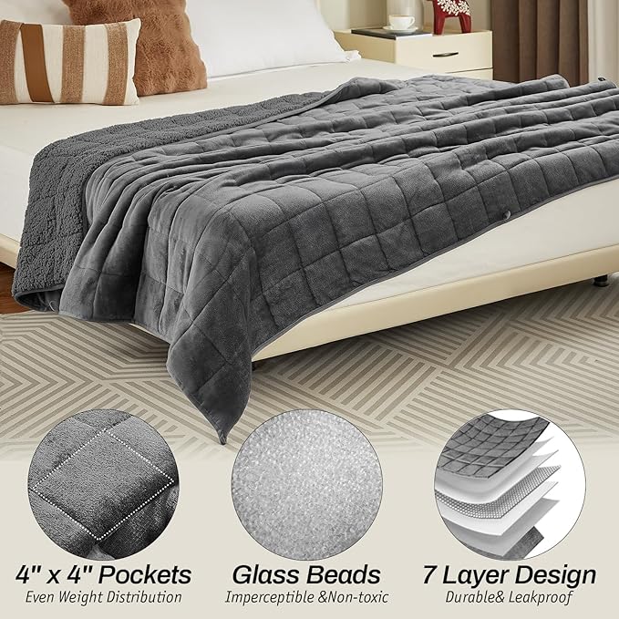 Sherpa Fleece Adult Weighted Blanket, 15 Pounds Dual Sided Soft Plush Blanket for Couch Bed Sofa, Heavy Thick Blankets with Glass Beads Great for Sleep, 60 x 80 inches, Dark Grey on Both Sides