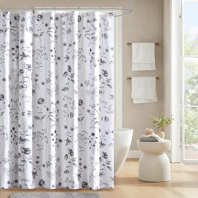 Martha Stewart Martha's Garden Shower Curtain Botanical Floral Print Cotton Shower Curtain for Bathroom, Spa Quality Modern Shower Curtains Standard Size, 72x84 Black