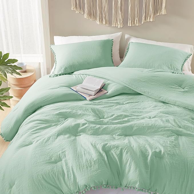 Codi Sage Green Boho Twin Comforter Set, Aesthetic Luxurious Pom Fringe Design Bedding, Cute Soft Washed Microfiber Bed Sets, Lightweight Chic,1 Comforter & 1 Pillowcase