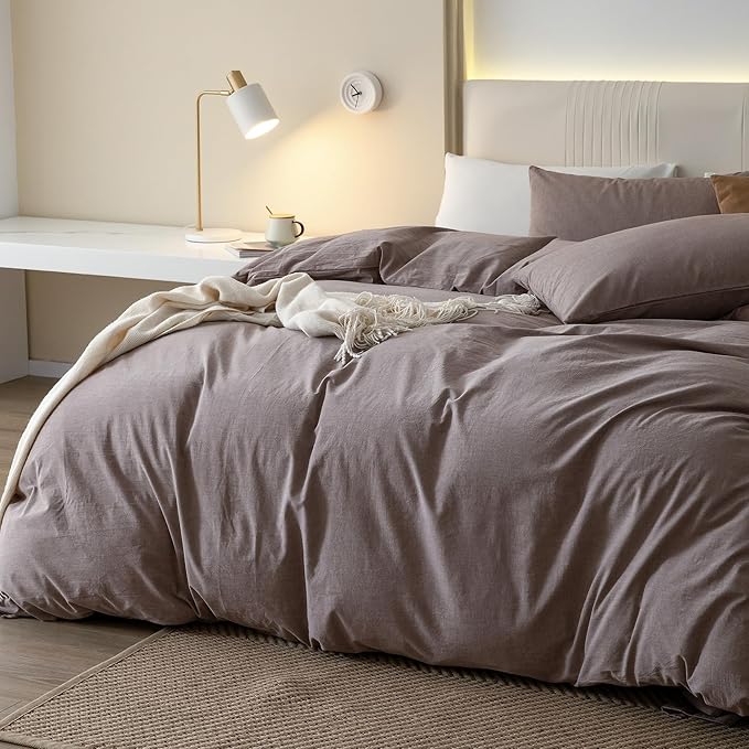 JIYUAN 100% Washed Cotton Duvet Cover Set 3 Pieces Queen, 1 Duvet Cover 90x90 Inches(Comforter Not Included) and 2 Pillowcases,Linen Feel Bedding Set Comfy and Breathable, Heathered Mauve Brown