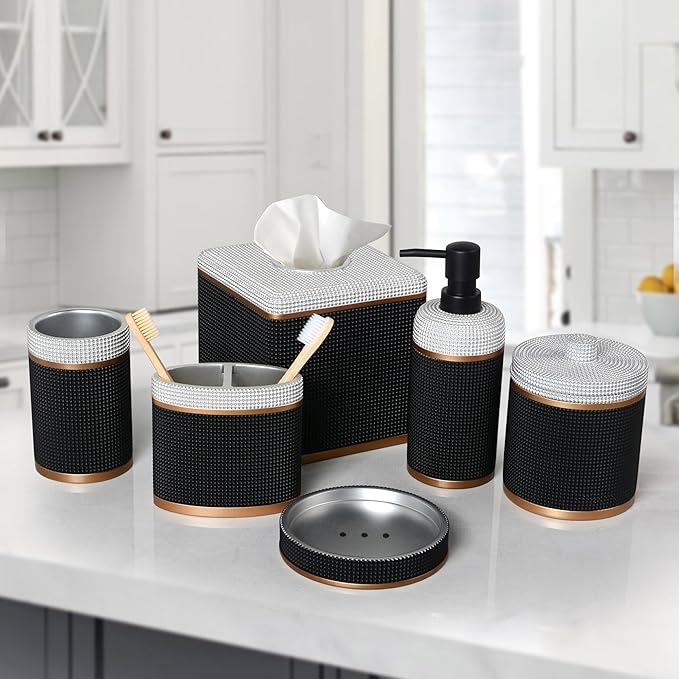 Decozen Bathroom Accessories Set 6Pcs – Soap Dispenser, Toothbrush Holder, Tumbler, Soap Dish & Cotton Swab Jar – Modern Bathroom Decor, Bath Set for Christmas Decor, Seiler