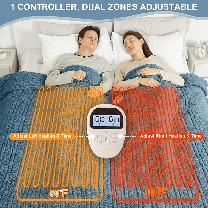 King Size Electric Blanket Single Control - 100"X90" Soft Double Sided Sherpa Heated Blanket with 6 Heating Levels & 10 hrs Timer Settings, Washable & Overheat Protection, Blue