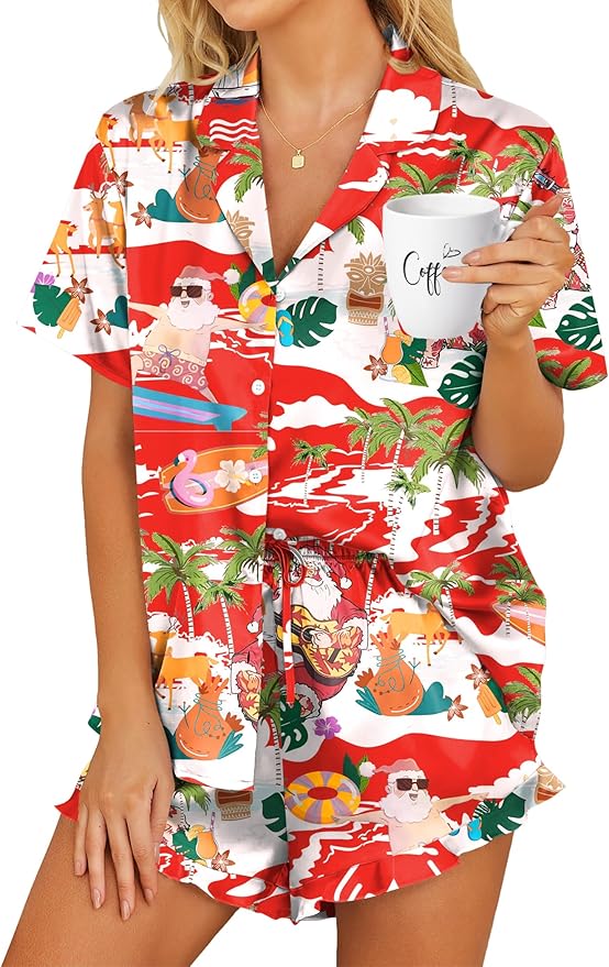 HOTOUCH Womens Satin Pajamas Set Button Down 2 Piece Silk Pjs Shorts Set Ruffle Lingerie Notch Collar Sleepwear