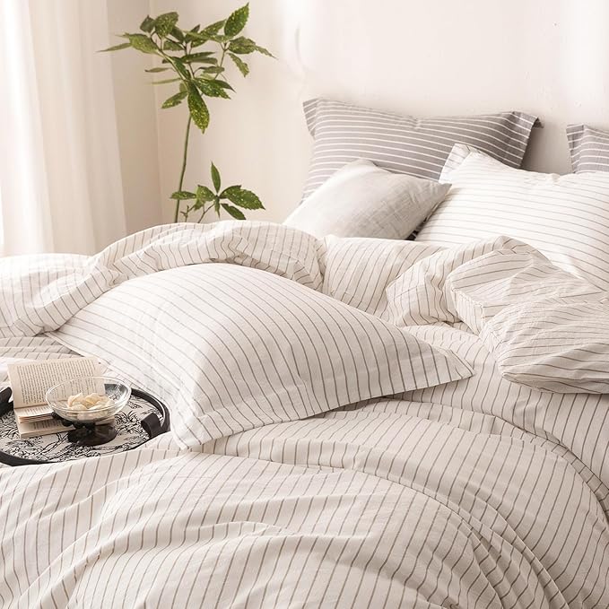 Stripe Duvet Cover King Size 104inch x 90inch,100% Washed Cotton Linen Feel Duvet Cover, Pinstripe Duvet Cover with Zipper Closure and 2 Pillowcases, Color of White and Linen Grey Stripe