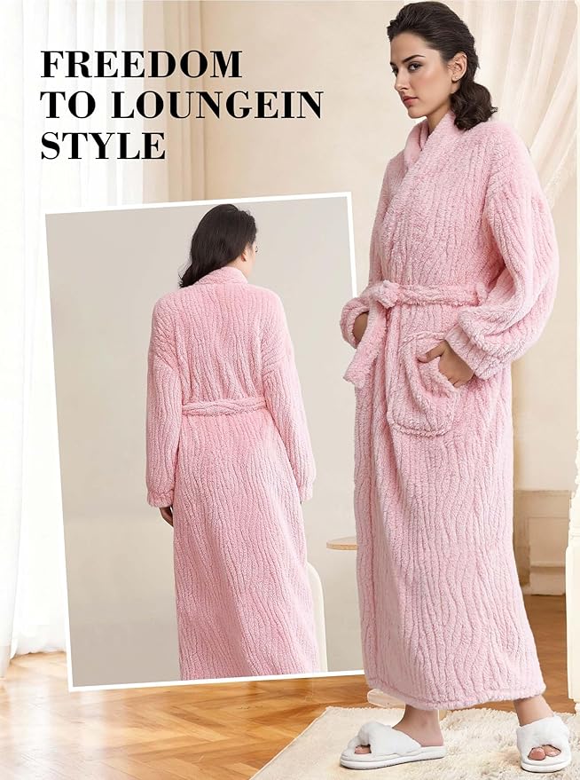 Artfasion Womens Long Fleece Robe - Warm Soft Floor Length Flannel Bathrobes for Winter Thicker Long House Coat with Pockets