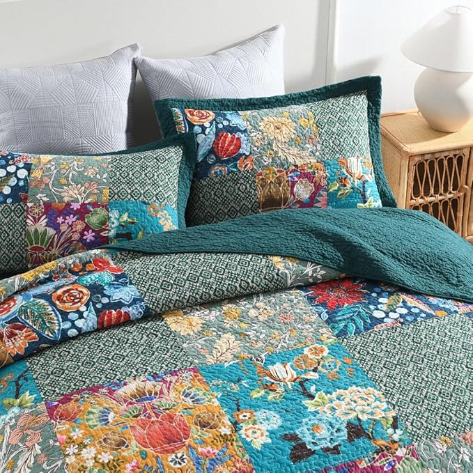 Autumn Dream Cotton Bedspread Quilt Sets Reversible Bedding Coverlet Sets Comforter, Vintage Floral Patchwork Turquoise Bedspread, Queen Size