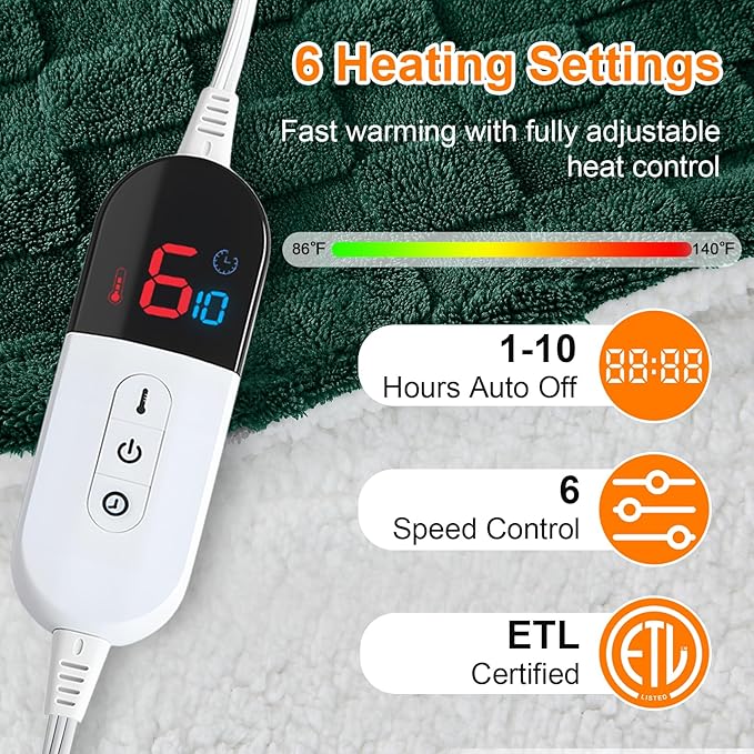Electric Heated Blanket Full Size - Jacquard Checkered Sherpa 72"x84" Fast Heating Bed Blankets with 6 Heating Levels & 10 Hours Auto Off, Over-Heat Protection ETL, Dark Green