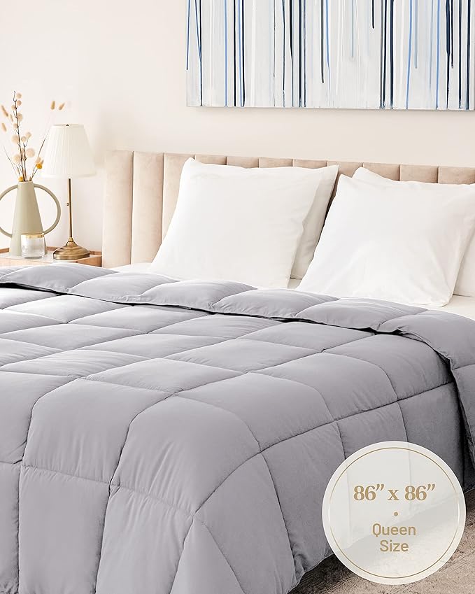 Lavish Comforts® Gray Comforter Queen – Fluffy Down Alternative Duvet Insert, Light Gray Comforter, All-Season Bedding, Hypoallergenic, Machine Washable, Queen Duvet Insert with Corner Loops