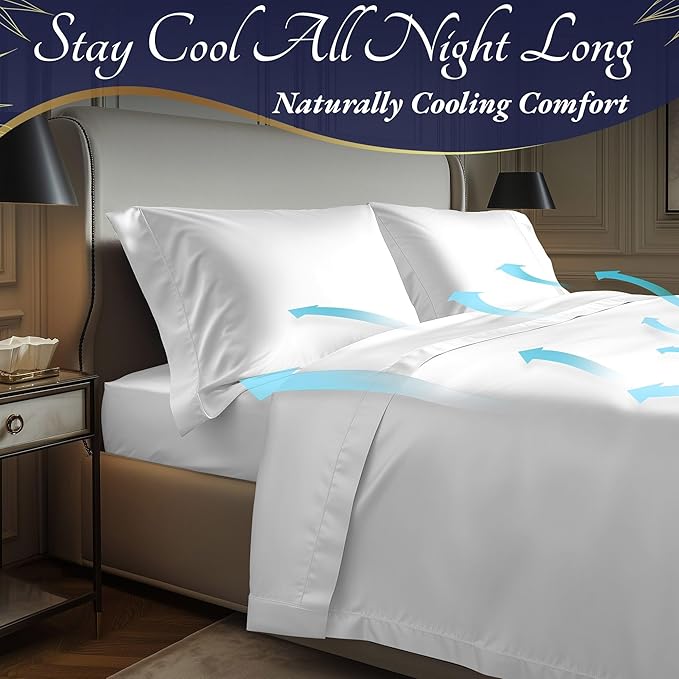 DECOLURE 100% Viscose Derived from Bamboo Sheets Full Size 4pcs - Ultra Soft & Luxuriously Cooling, 17" Deep Pocket, Double Stitching, Perfect for Hot Sleepers - Full Bed Sheets (White)