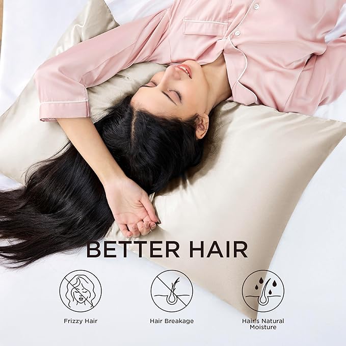 Bedsure Satin Pillowcase with Zipper, Similar to Silk Pillow Cases 2 Pack, Silky & Soft Satin Pillow Case Standard Size for Hair and Skin, Christmas Room Decor Gifts for Women Men, Beige, 20x26 Inches