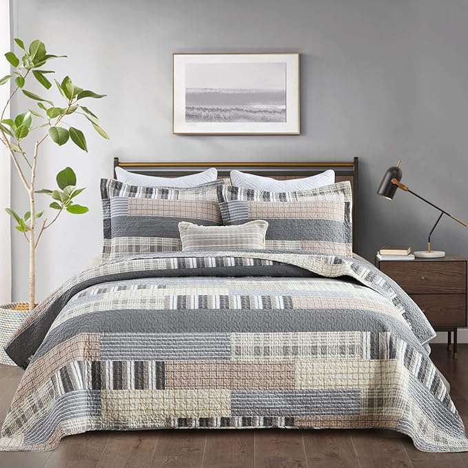 Y-PLWOMEN Quilt King Size - 100% Cotton Brown Grey King Quilt Farmhouse Plaid Quilted Bedspread, 3 Pieces Lightweight Reversible King Size Quilt Bedding Set for All Season