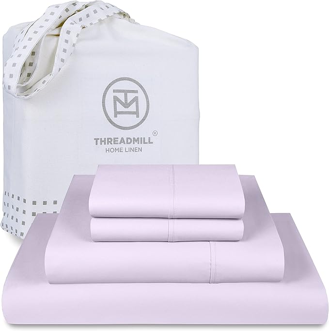 Threadmill Cotton Sheets for King Size Bed, 100% Cotton, 500 Thread Count, Deep Pocket Sheet Set for King Size Bed, Snug Fit, Soft & Crisp Cooling Hotel Quality Bed Sheets 4 Piece Set, Lilac