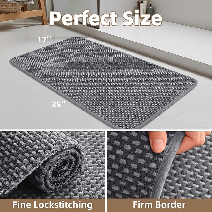PADOOR-Bath Mat-Super Absorbent Chenille Bathroom Mats-Rubber Backed Bath Mats for Bathroom Non Slip, Easy Clean Bathroom Rugs Front of Bathtub,Shower Room,Sink-17×35, Grey&Darkgrey