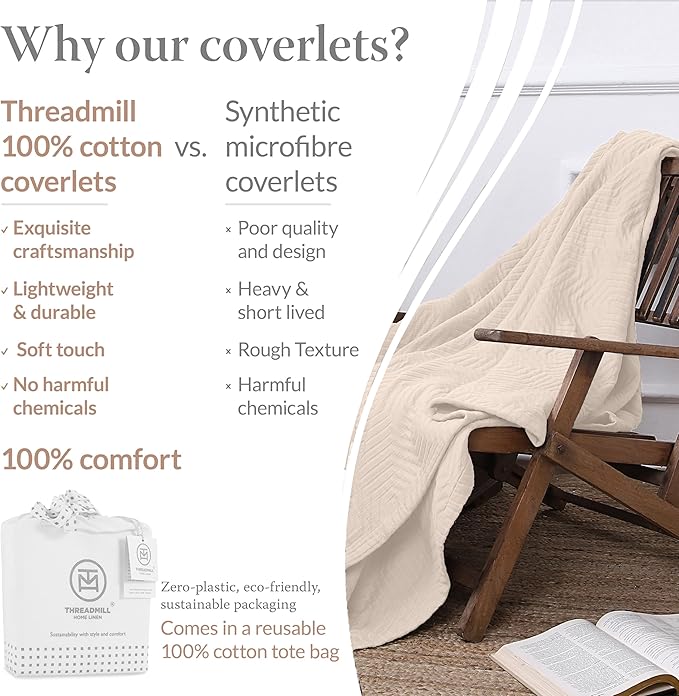 Threadmill Luxury Cotton Blankets for King Size Bed | All-Season Cozy 100% Cotton King Size Blanket | Aster Jacquard Soft & Lightweight Coverlet fits California King Size Bed, 104x92 | Vanilla Cream