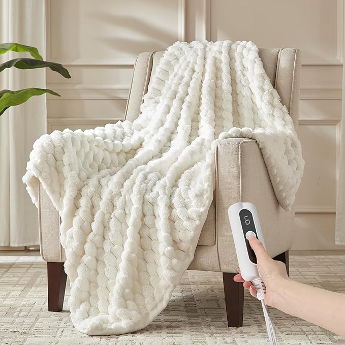 CCU-Warmth Heated Throw Blanket - Fast Heating 3D Jacquard Electric Heated Blanket, Cozy Heating Blanket with 6 Heating Settings & 4 Hours Auto-Off, 50"x60", White