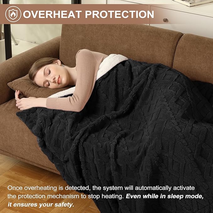 CAROMIO Electric Blanket Twin Size - Thick Tufted Sherpa Heated Blanket Twin with 10 Heating Levels and 10 Time Settings, ETL Certified Machine Washable Fast Heating Blanket Twin 62"×84", Black