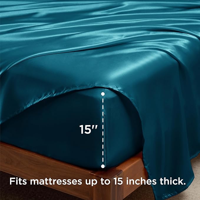 Bedsure Satin Sheets King Size - 4 Piece Silky Bedsheets with 15 Inches Deep Pocket Fitted Bedsheet,1 Flat Sheet, 2 Satin Pillowcases, Good for Hair & Skin (King, Teal)