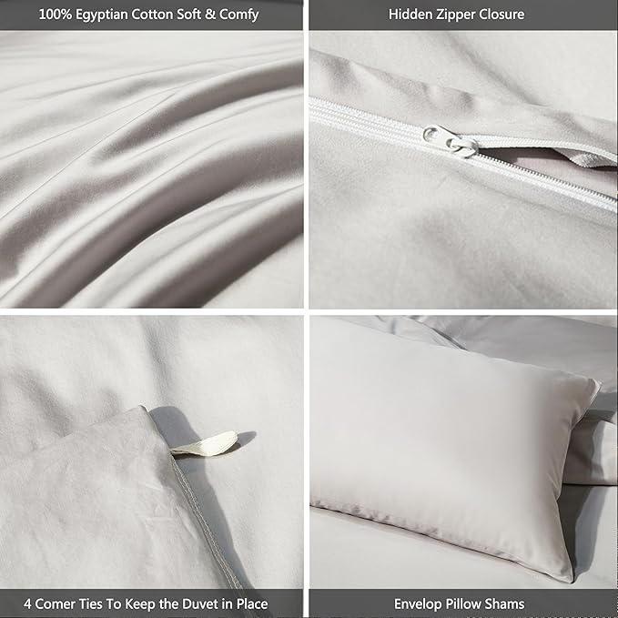 MooMee Duvet Cover Set 100% Extra Long Staple Cotton 600 Thread Count Silky Sateen Smooth Luxury Soft Breathable Durable Hotel Quality Bedding, 3 Pieces (Silver Gray, Queen 90"x90")