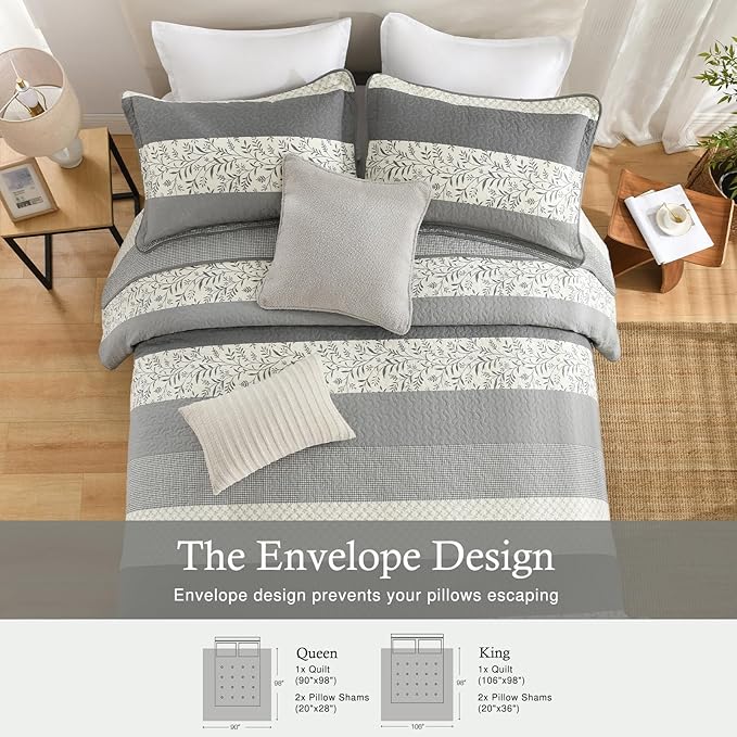 Stripe Quilts Queen Size - 100% Cotton Lightweight Quilt Bedding Set 3 Pieces, Vintage Vine Pattern Quilted Bedspread with 2 Pillow Shams, Farmhouse Printed Coverlet for All Season, Gray