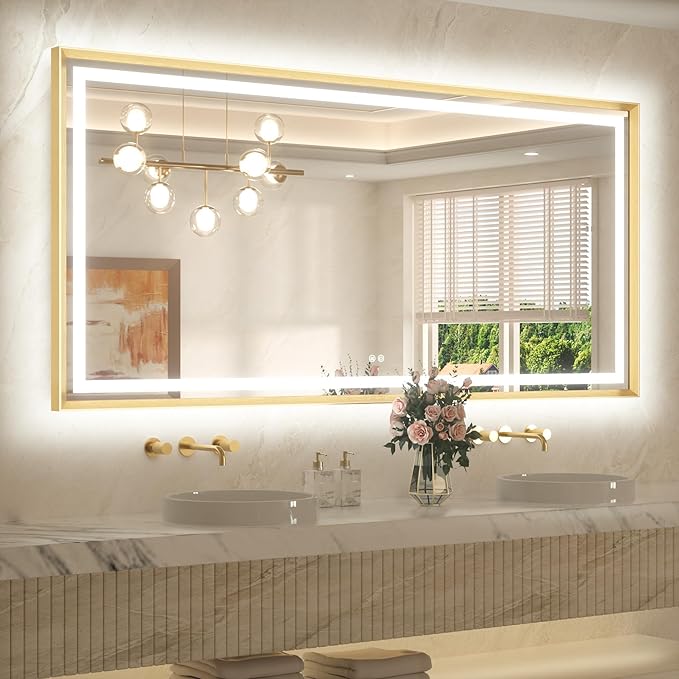 TETOTE 72 x 36 Large Bathroom Mirror Brushed Gold Metal Frame Frontlit & Backlit Vanity Mirror 3 Colors White/Warm/Natural Stepless Dimmable Anti-Fog Bathroom Mirrors for Vanity Wall-Mounted
