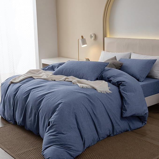 JIYUAN 100% Washed Cotton Duvet Cover Set 3 Pieces Oversized King, 1 Duvet Cover 120x98 Inches(Comforter Not Included) and 2 Pillowcases,Linen Like Comfy and Breathable,Heathered Blue