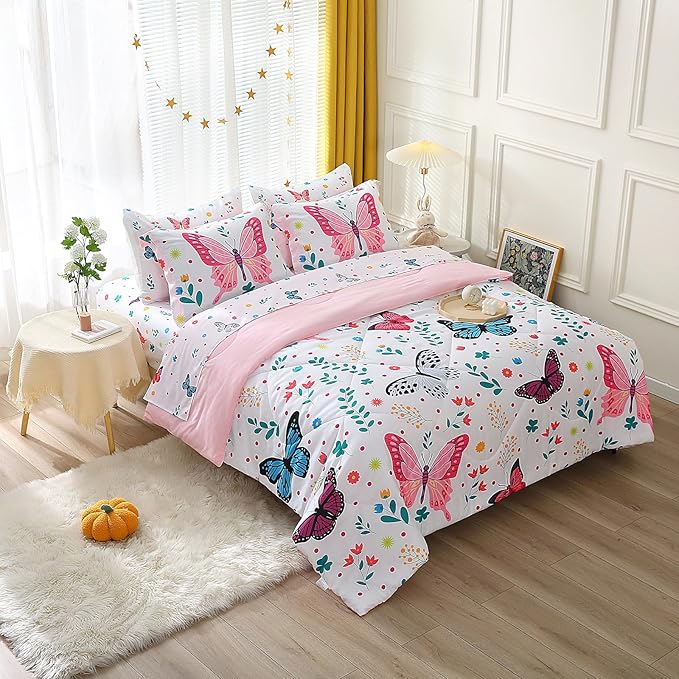 Wajade Butterfly Twin Comforter Set for Girls Kids Bedding Sets for Girls 7 Pieces Bed in a Bag Colorful Butterflies Flower Leaves Bedding Set All Season Lightweight