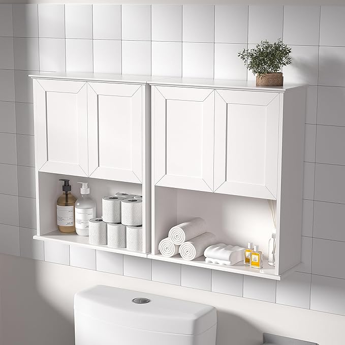 Bathroom Wall Cabinet Wooden with 2 Doors,Over the Toilet Storage Cabinet,Bathroom and Laundry Wall Mount Storage Medicine Cabinet with Open and Adjustable Shelf,Easy Assembly (Style A-2 PC, White)