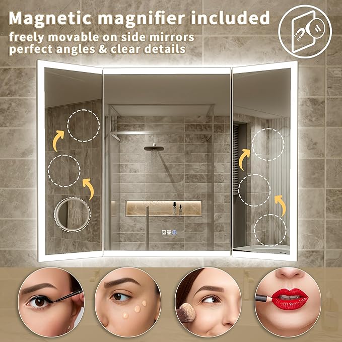48x36 Trifold Bathroom Mirror with Lights with Removable Magnifier, 180° Foldable LED Mirror for Bathroom, Front&Backlit, Wall Mounted, Stepless Dimming, Color Temper Change, Anti Fog