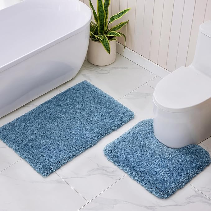 Bathroom Rug 20x32 Non Slip Fluffy Blue Bath Mat for Bathroom Floor Washable Plush Luxury Bath Rug for Tub Soft Shaggy Absorbent Shower Sink Mat