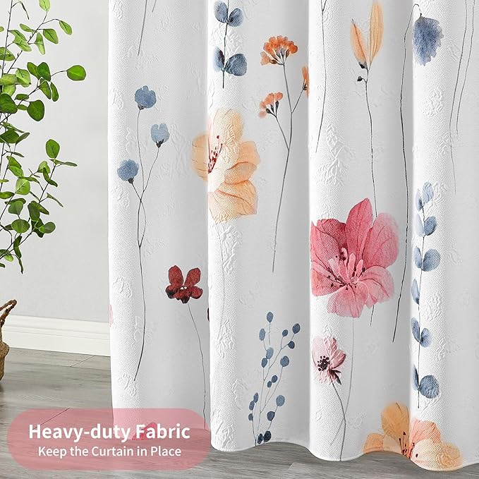 QiyI Small Stall Shower Curtain 36 x 72, Narrow Half Watercolor Floral Bath Curtains, 3D Embossed Peach Pink Flower Cloth Bathroom Curtain, Waterproof Fabric White Shower Curtain Set with Hooks