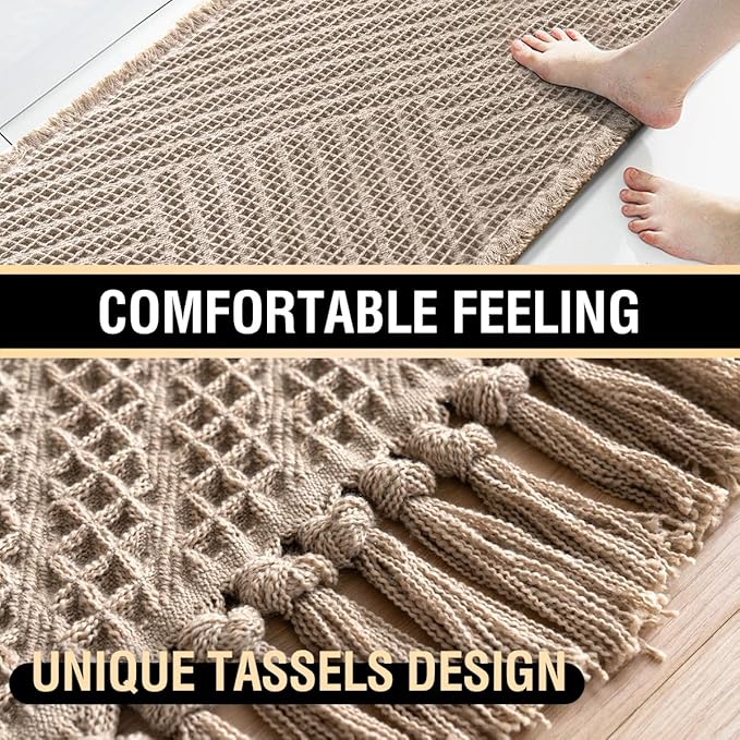 H.VERSAILTEX Waffle Bath Runner Rug Long Bath Mat Super Absorbent Boho Bath Rugs Non Slip Bath Runner for Bathroom Floor Machine Washable Dry Fast Bathroom Rugs with Tassels, 24" x 60", Irish Cream