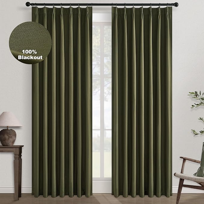 Topfinel Olive Green Linen Blackout Curtains 96 Inches Long, 100% Blackout Pinch Pleated Dark Green Boho Soundproof Track Back Tab Drapes with Hooks Rings for Living Room Bedroom Sliding Door