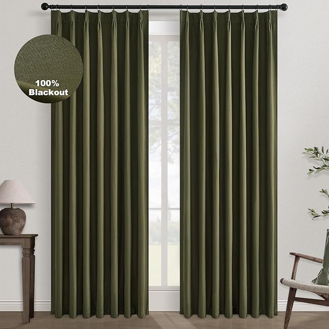 Topfinel 120 Inches Long Extra Long Olive Green Linen Curtains for Living Room,100 Percent Blackout Floor to Ceiling Pinched Pleated Boho Insulating Drapes 2 Panels for Track System,10 FT Bay Window