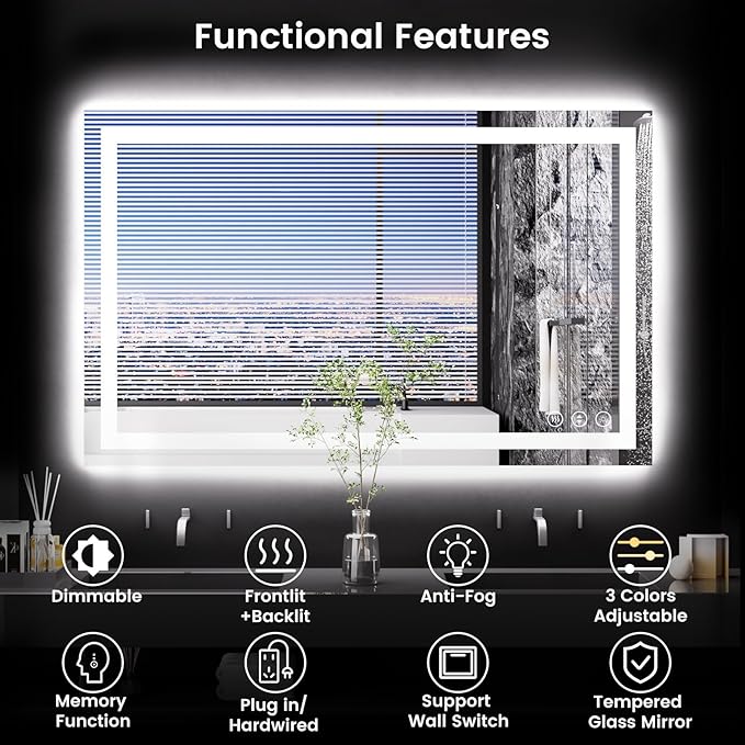 48X30 LED Bathroom Mirror with Lights, Anti-Fog, Backlit + Front Lit, Lighted Bathroom Vanity Mirror for Wall, Memory Function, Dimmable, Tempered Glass, Shatter-Proof, ETL Listed