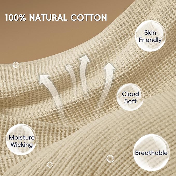 PHF 100% Cotton Waffle & Muslin Blanket Queen Size, Soft Breathable Luxury 400GSM Versatile Reversible Bedding for Bed, Great for Layering in Cold Weather, Home Decor Gift, 90" x 90", French Oak