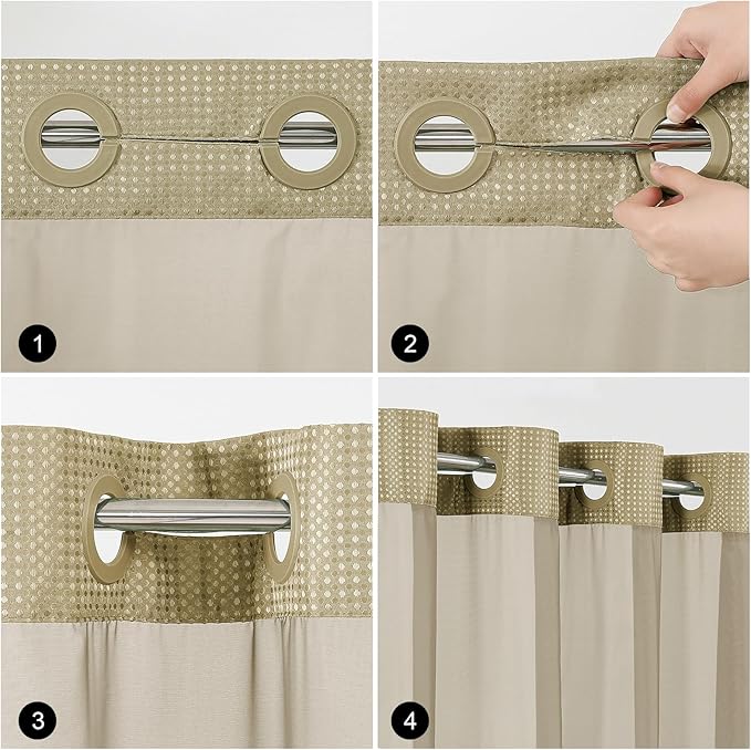 Colorful Star No Hook Shower Curtain with Snap in Fabric Liner, Waffle Weave Heavy Duty Thick Shower Curtains with Mesh Top Window, Hotel Style Waterproof Bathroom Curtain Set, 72 x 87 Inch, Beige