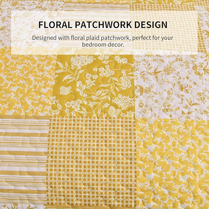 Mybedsoul Yellow Boho Quilt Set King Size,3 Pieces Plaid Floral Bedspread Coverlet Set Summer,Patchwork Reversible Bedding Set King 90"x104"