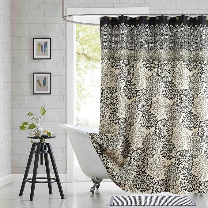 Extra Wide Fabric Shower Curtain, Black and Beige Medallion Print Wrap Around Shower Curtains for Bathroom Clawfoot Tubs, 108" W x 72" H
