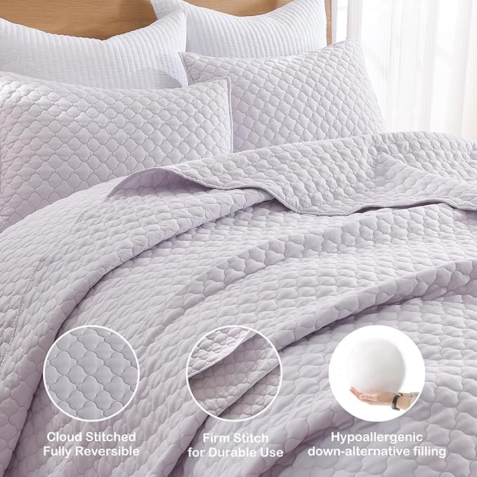 HORIMOTE HOME Quilt King Size Lavender(Light Purple), Lightweight Quilt for Summer, Ultra-Soft Microfiber Modern Style Quilted Clouds Pattern Bedspread Quit Set 3 Pieces(1 Quilt and 2 Pillow Shams)