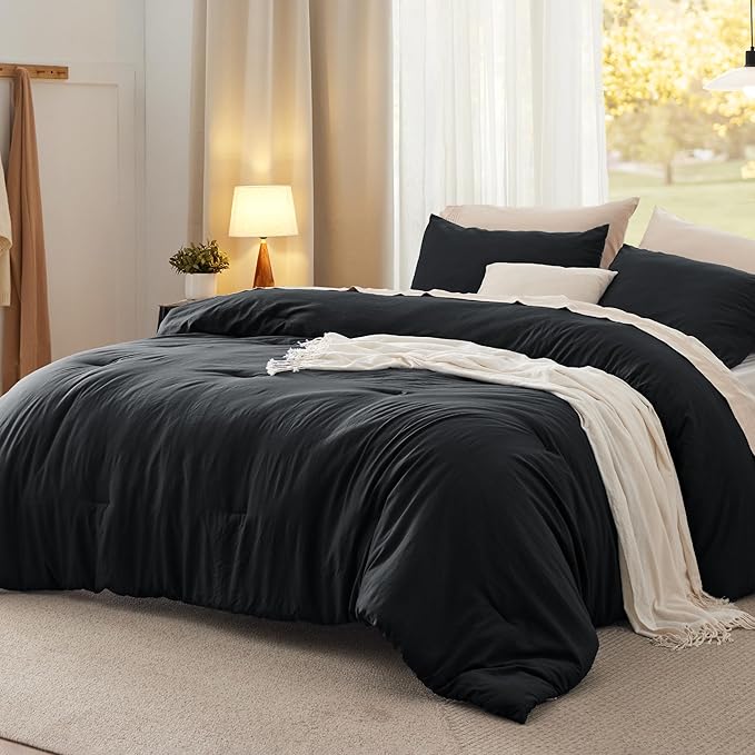 Bedsure Oversized King Size Comforter Set, Black Soft Prewashed Bedding for All Seasons, 3 Pieces GentleSoft™ Down Alternative Bed Set, 1 Lightweight Comforter (120"x98") and 2 Pillowcases (20"x36")