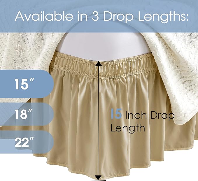 FreshCulture King Bed Skirt, Dust Ruffle for King Size Bed, Easy Fit with 15-Inch Tailored Drop, Elastic Wrap Around Bed Skirt King Size, Hotel Quality Bed Skirts for Adjustable Bed (Beige)