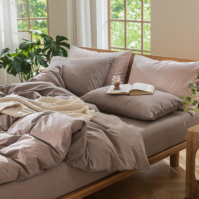 MooMee Bedding Duvet Cover Set 100% Washed Cotton Linen Like Textured Breathable Durable Soft Comfy (Heathered Mauve Brown, Alaska King 132"x120")