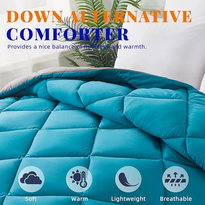 Cosybay Down Alternative Comforter (Algiers Blue/Dark Grey, Full) - All Season Soft Quilted Full Size Bed Comforter - Duvet Insert with Corner Tabs -Winter Summer Warm Fluffy, 82x86inches