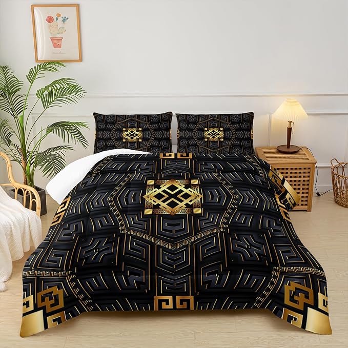 Black and Gold Plaid Comforter Set King，King Quilt Bedding Set Plaid，with 1 Comforter with 2 Pillow Case