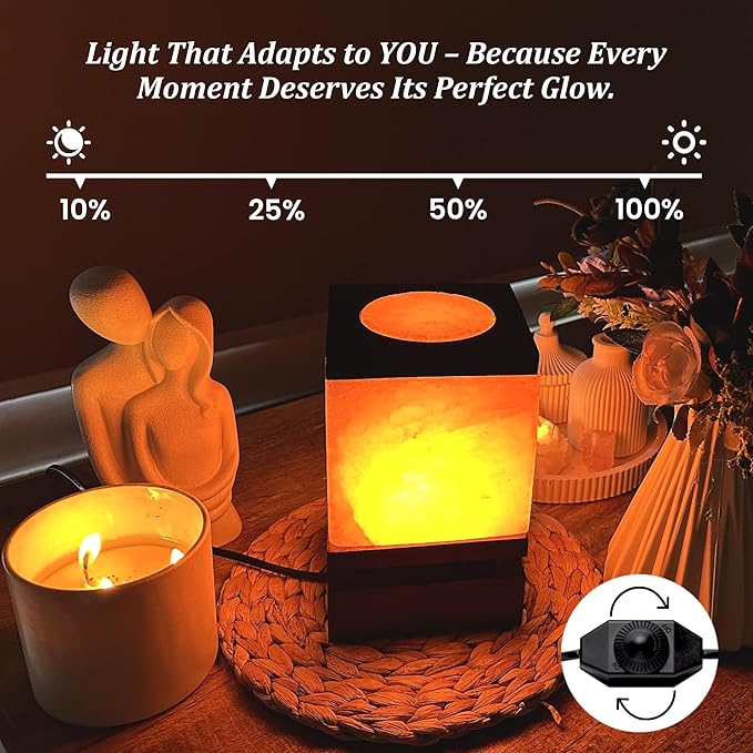 POHS 100% Authentic Cube Shape Himalayan Pink Salt Lamp with Brown Wooden Base, Dimmer Switch Cord and Two Bulbs, Night Light for Home and Office Table and Desk, Gift and Decor