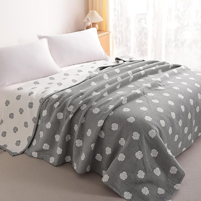 NTBAY 3 Layers Cotton Muslin 68x92 Twin Bed Blanket, Super Soft Breathable Thermal Yarn Dyed Quilt for Adults, Perfect Lightweight Blanket for Couch Sofa Bed All Seasons, Grey Rose