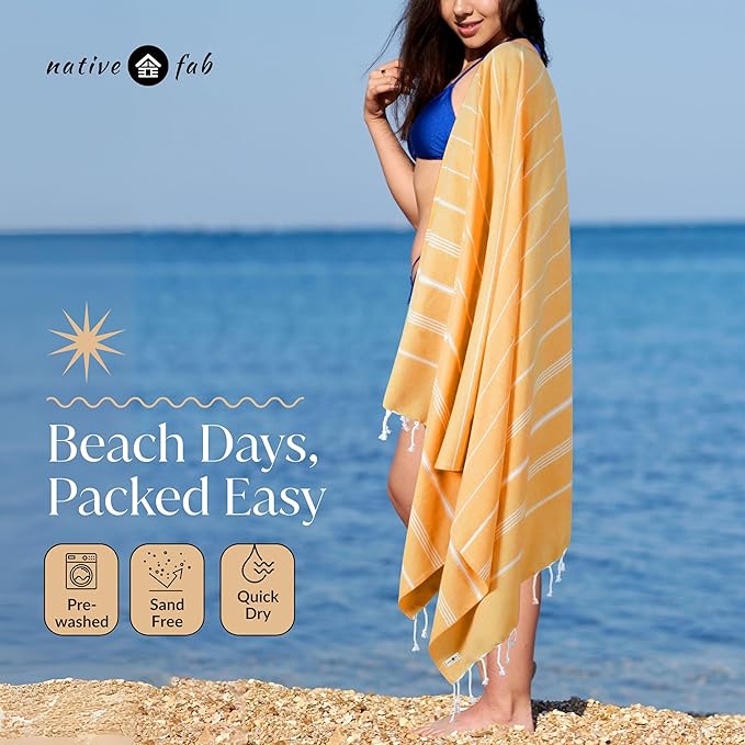 Native Fab 6 Pack Turkish Beach Towels, Oversized 40"x71", 100% Cotton, Thin & Lightweight, Quick-Dry, Sand-Free, Soft, Travel Friendly, Compact, Ideal for Pool, Spa, Gym, Beach - Multi 6 Colors