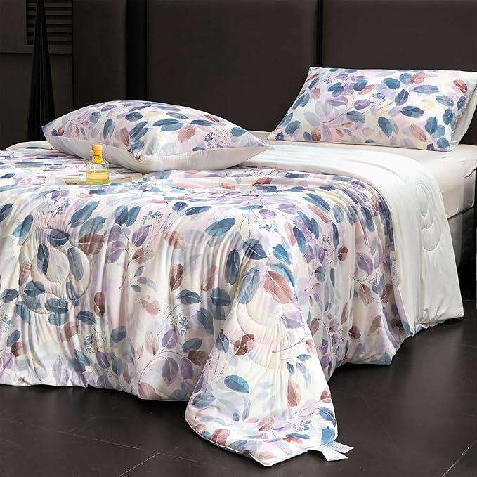 Cyusri Print Cooling Comforter Set 2Pcs Breathable Cool Twin Size Bedding Set with 1 Pillowcase Leaf Pattern Silky Cold Quilt, Blue 68"x90"