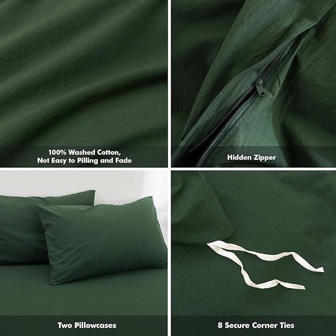 FOSSA Duvet Cover Set 100% Washed Cotton Linen Feel Super Soft Breathable Cozy 3 Pieces Bedding Sets Solid Forest Green Super King Plus